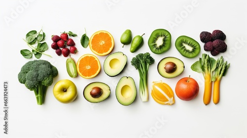 Flat Lay Photo of Various Vegetables and Fruits on the White Background, Healthy Life Concept 