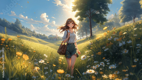 high quality, 8K Ultra HD, masterpiece, beautiful girl, A digital illustration of anime style, digital paintings of her, beautiful face, A beautiful girl walking with a bag on a grassy field