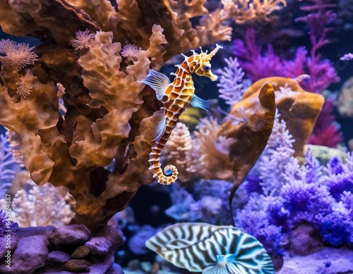 a sea horse is seen in an aquarium habitat with corals and other marine animals photo