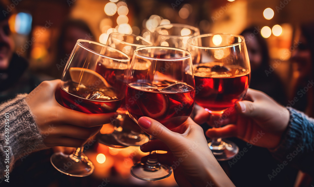 Close up of friends toasting with glasses of warm mulled wine at a festive Christmas market - obrazy, fototapety, plakaty 