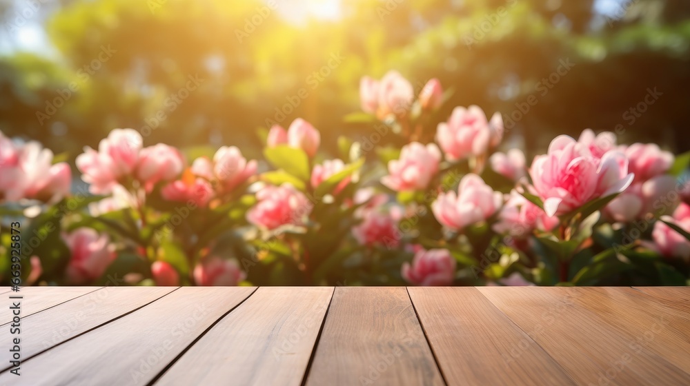 Empty Wooden surface for presentation with blurred garden and flowers background, mockup, Space for presentation product Empty Wooden surface for presentation with blurred garden and flowers background, mockup, Space for presentation product