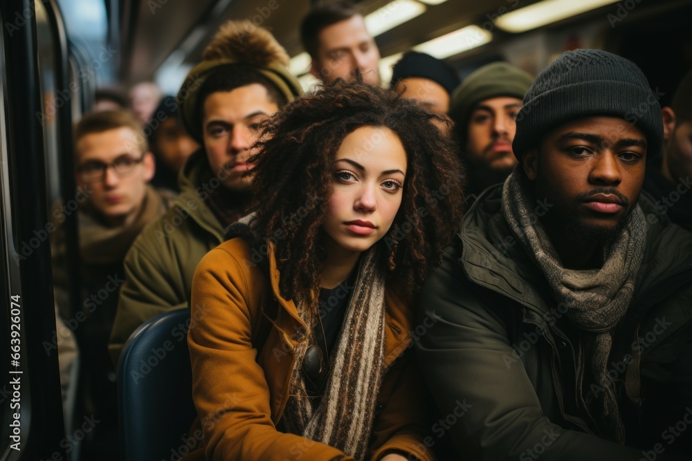 Diverse friends commuting to work together on a subway train