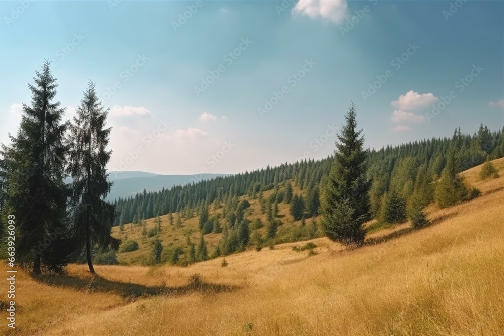 Stunning landscape with spruce forest on hills, blue sky, and sunny summer day. Invokes outdoor leisure and recreation. Generative AI