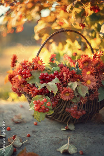 Autumn still life. Bouquet of chrysanthemums with viburnum branches.