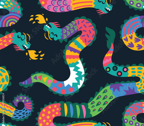 Vibrant seamless pattern with Chinese zodiac dragons in decorative modern style