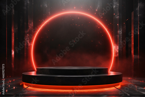 3D Red Neon Podium with Circle Glow Light