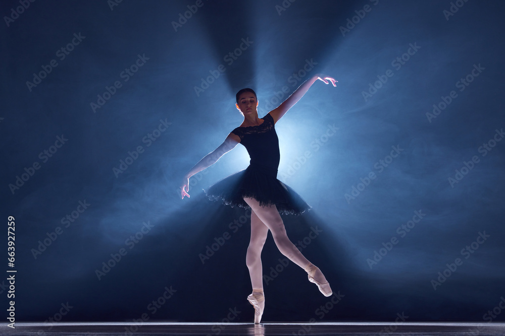 Elegant, artistic, tender ballerina, young woman dancing in tutu on stage over spotlight. Blue light. Concept of classical dance, art and grace, beauty, choreography, inspiration Elegant, artistic, tender ballerina, young woman dancing in tutu on stage over spotlight. Blue light. Concept of classical dance, art and grace, beauty, choreography, inspiration
