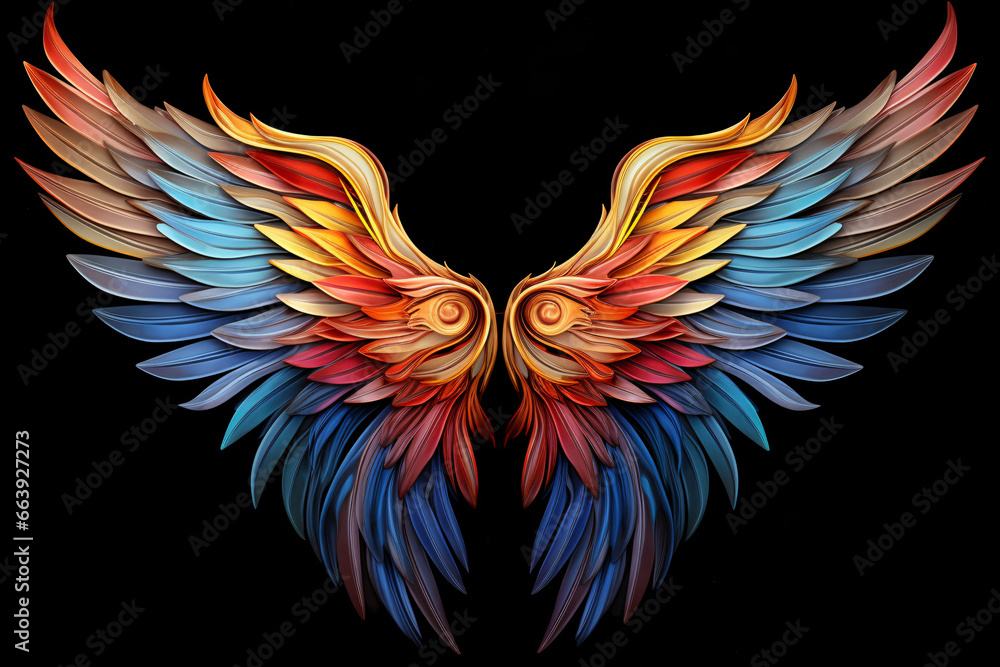 Obraz premium Colorful Feathered Wings Against a Black Background