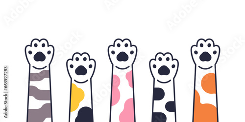 Cute colored paws of cats in flat simple style. Illustration of cute paws of cats in different colors