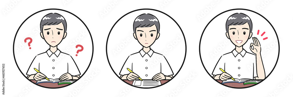 勉強を頑張る男子学生の丸いアイコンセット