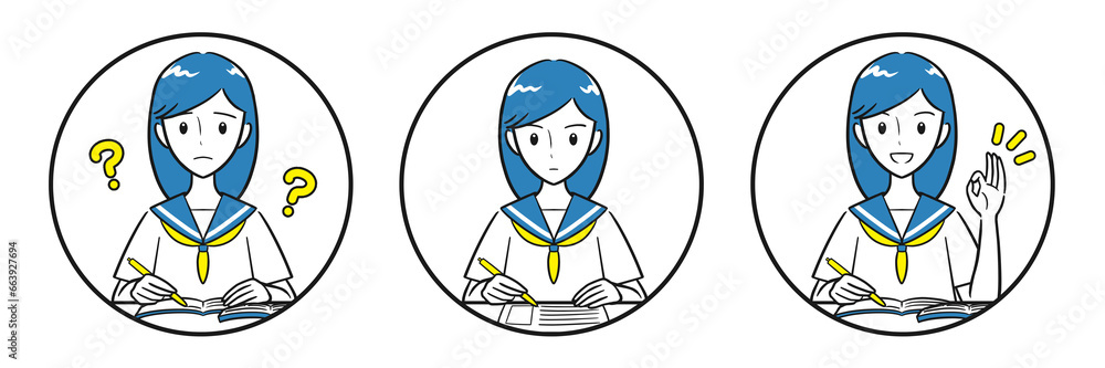勉強を頑張る女子学生の丸いアイコンセット(シンプル) 勉強を頑張る女子学生の丸いアイコンセット(シンプル)