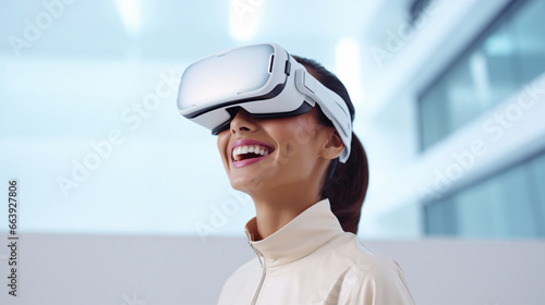 Portrait of a happy young woman wearing virtual reality goggles. Future technology concept.
