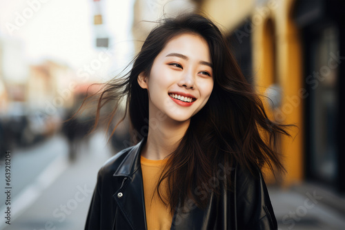 Gorgeous Chinese Woman Model Smiling At The Camera. Fashion Street Photography. Ai Generated 