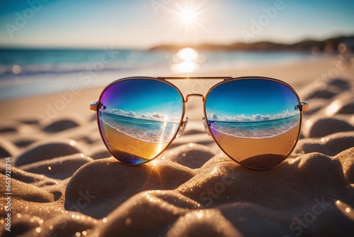 Wallpaper Mural Nahaufnahme einer schillernden Sonnenbrille am Strand, die im Sonnenlicht glänzt und ein fesselndes Spiel von Farben und Reflexionen erzeugt. Torontodigital.ca