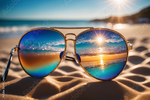 Nahaufnahme einer schillernden Sonnenbrille am Strand, die im Sonnenlicht glänzt und ein fesselndes Spiel von Farben und Reflexionen erzeugt.