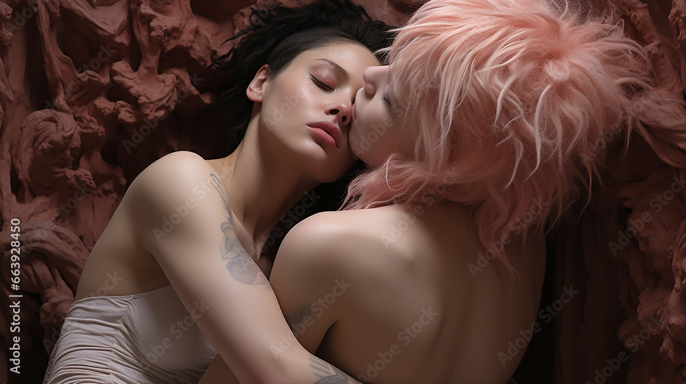 Fototapeta premium women couple kissing with tattoos 