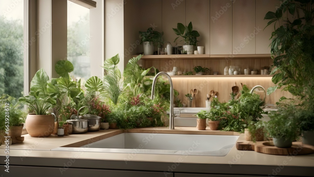 kitchen with a sink and a counter with plants in it