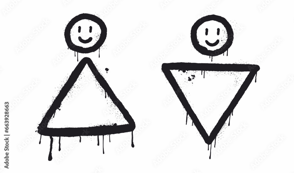 Vector illustration of toilet symbols for men and women in graffiti style, hand-drawn. Street art. Vector illustration of toilet symbols for men and women in graffiti style, hand-drawn. Street art.