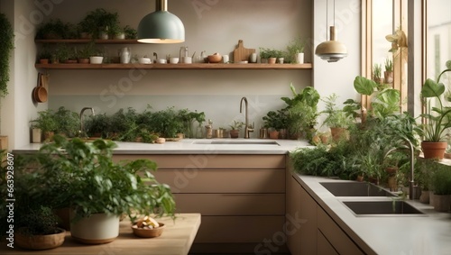 kitchen with a sink and a counter with plants in it