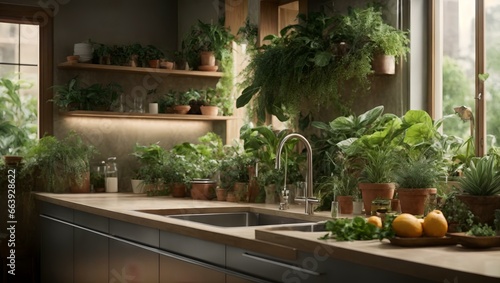 kitchen with a sink and a counter with plants in it