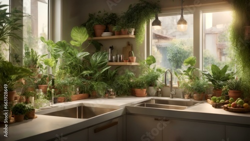 kitchen with a sink and a counter with plants in it