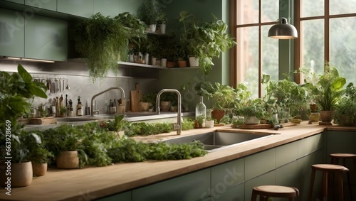 kitchen with a sink and a counter with plants in it © navas60
