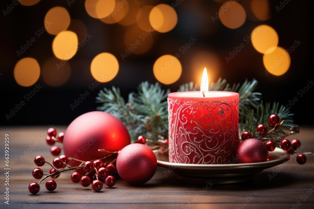 Red Advent Candle in front of Christmas Decoration