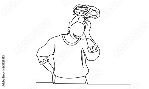 Continuous line drawings of a young woman's sad emotional shock, loss, grief, life problems, confusion messy feelings worried about bad mental health. The concept of failure and heartbreak is isolated