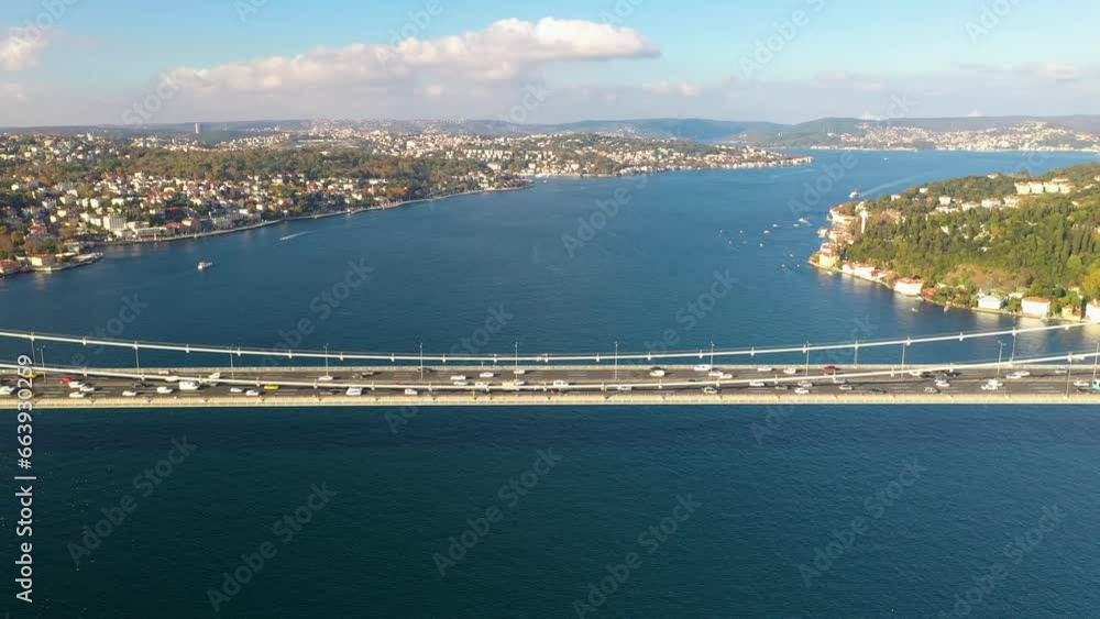 The drone that attracts vehicle traffic on the Istanbul Bosphorus Bridge (15 July Martyrs Bridge) slowly moves away.