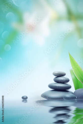 Spa still life with black pebbles and green leaves on fresh blurred background