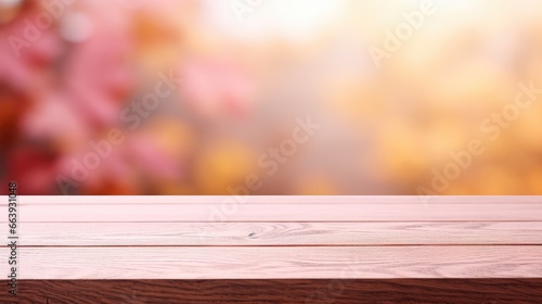 Empty Wooden surface for presentation with blurred autumn garden and flowers background, mockup, Space for presentation
