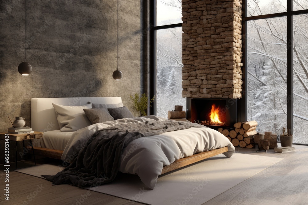 Fototapeta premium Amazing Bedroom Design Featuring Rustic Stone Fireplace, Oversized Windows Overlooking Snow-Covered Trees, and Soft Ambient Pendant Lighting