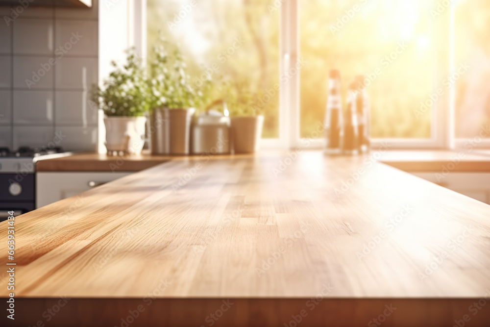Empty wood table top counter for product display on kitchen modern interior background Empty wood table top counter for product display on kitchen modern interior background