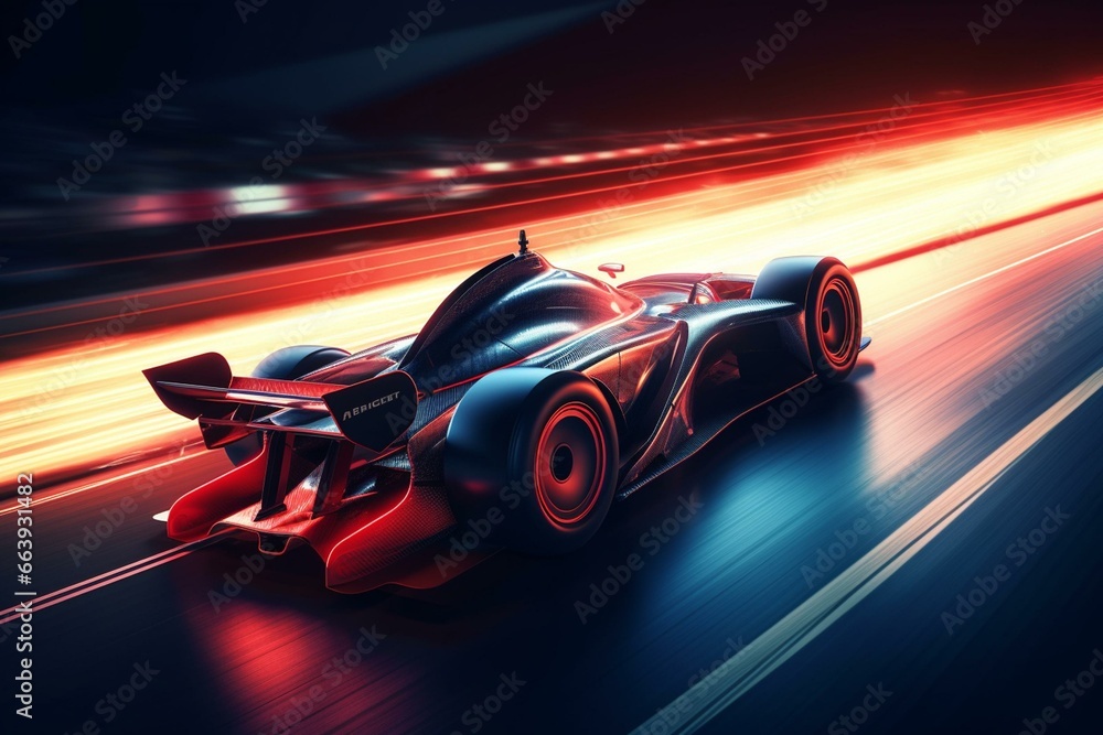 Fast racing car on illuminated racetrack. Generative AI