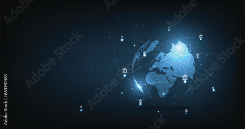 Online banking technology concept.Isometric illustration of the bank on a dark blue background. Digital connect system. Financial technology concept.Vector illustration.EPS 10.