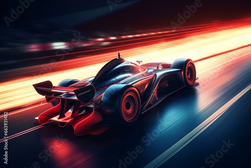 Fast racing car on illuminated racetrack. Generative AI