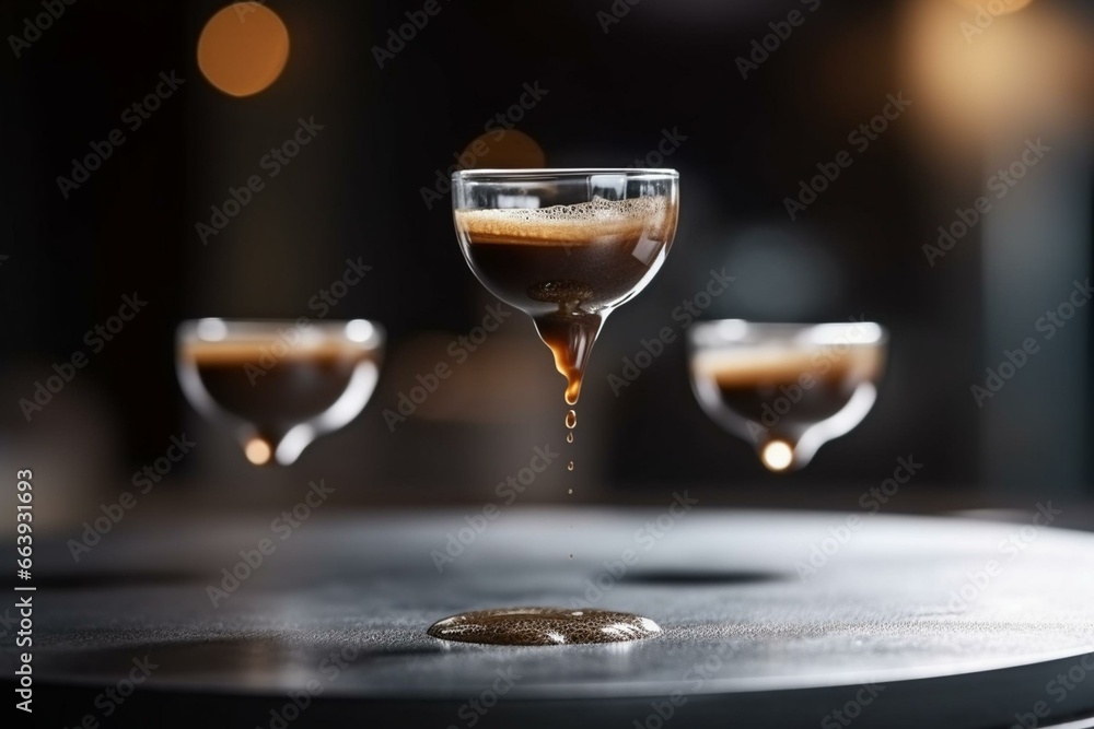Espresso coffee pods levitating in air. Generative AI - obrazy, fototapety, plakaty 