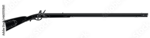 Illustration of Traditional American flintlock long rifle Kentucky. Black. Right side. photo