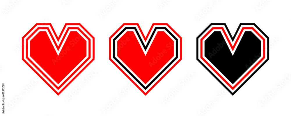 Red and black diamond hearts icon outline set. Heart shape logos illustration vector isolated on white background. Red and black diamond hearts icon outline set. Heart shape logos illustration vector isolated on white background.