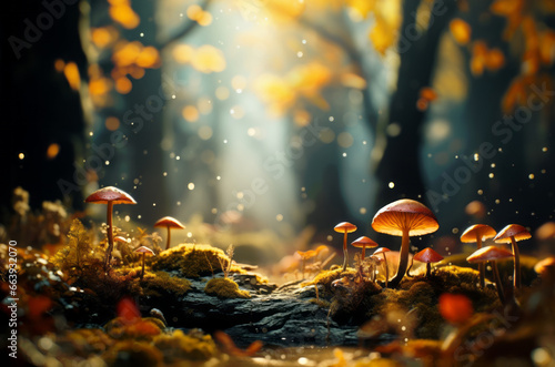 Autumn seasonal background, little mushrooms growing on forest floor in wet moss and fallen leaves, under rain drops and autumnal sun - Fall season magical ambience