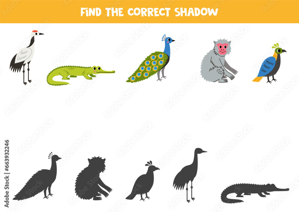 Obraz premium Find shadows of cute Asian animals. Educational logical game for kids.