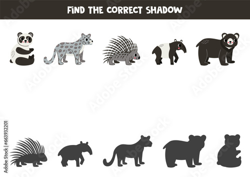 Find shadows of cute Asian animals. Educational logical game for kids.