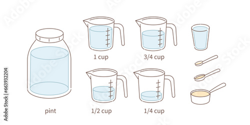 Cooking weights and measures  set. Typical measuring system for liquid culinary ingredients. Measurements for different recipes. Flat vector illustration isolated on white background.