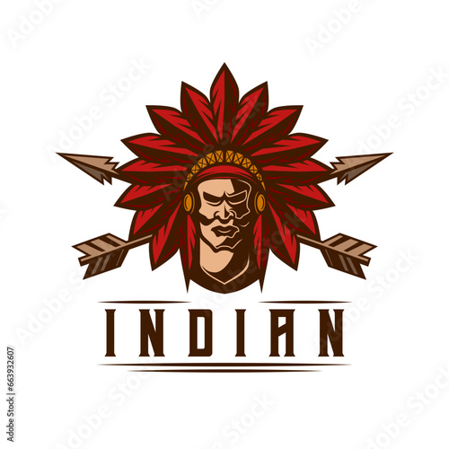 Indian Man Logo vintage style chief Apache mascot design character vector illustration