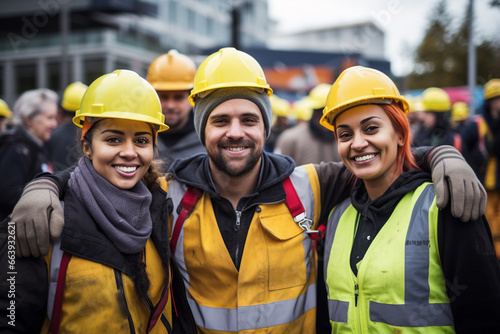 Group of male and female construction workers show unity at the construction site