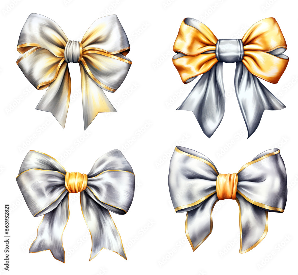Christmas Gold and Silver Bow Tie Watercolor Clipart isolated on Transparent Background.
Christmas Gold and Silver Bow Tie Watercolor Clipart isolated on Transparent Background.