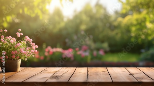 Empty Wooden surface for presentation with blurred garden and flowers background  mockup  Space for presentation product