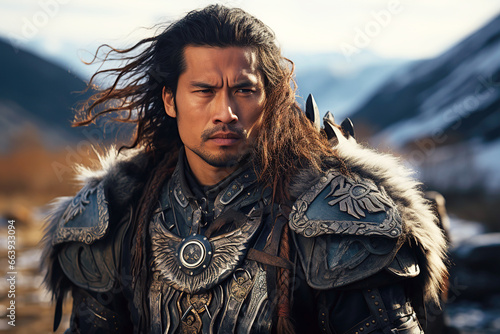 portrait of male warrior Kazakh Asian in ancient historical armor photo