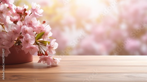 Empty Wooden surface for presentation with blurred garden and flowers background  mockup  Space for presentation product