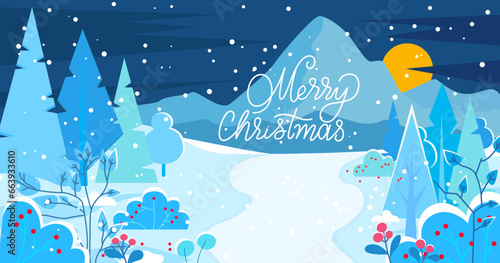 Merry Christmas card. Vector illustration. Xmas celebrations bring joy heart and warmth home The text on greeting card wished everyone joy and love Winter landscape fill homes with festive